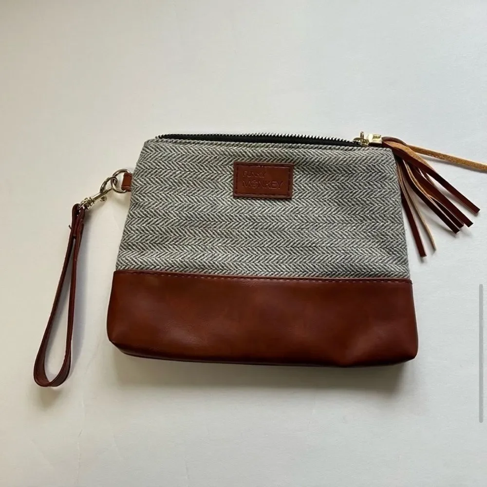Funky Monkey Clutch Herringbone Gray & Faux Leather Purse 8.5”x6.5” Bag